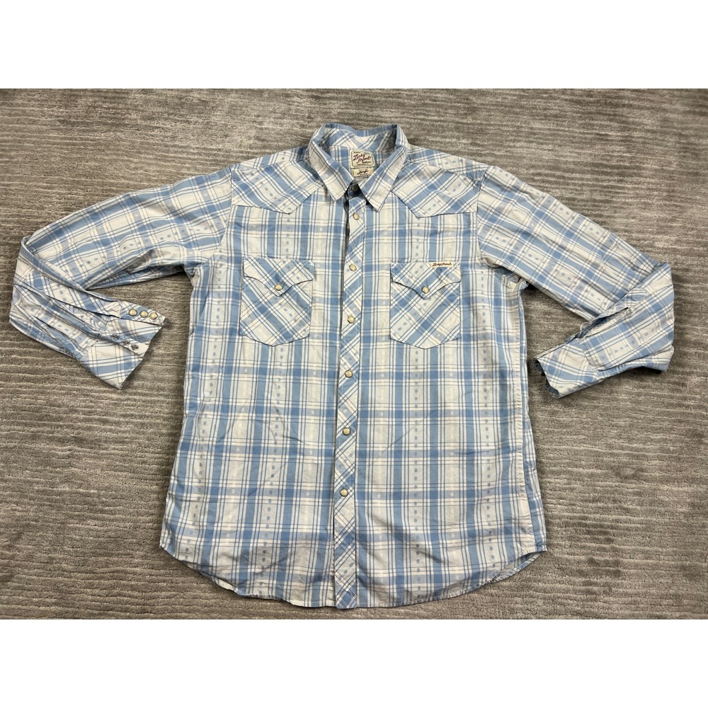 Lucky Brand Shirt Mens Large Blue Plaid Western Pearl Snap Long Sleeve 7M40226